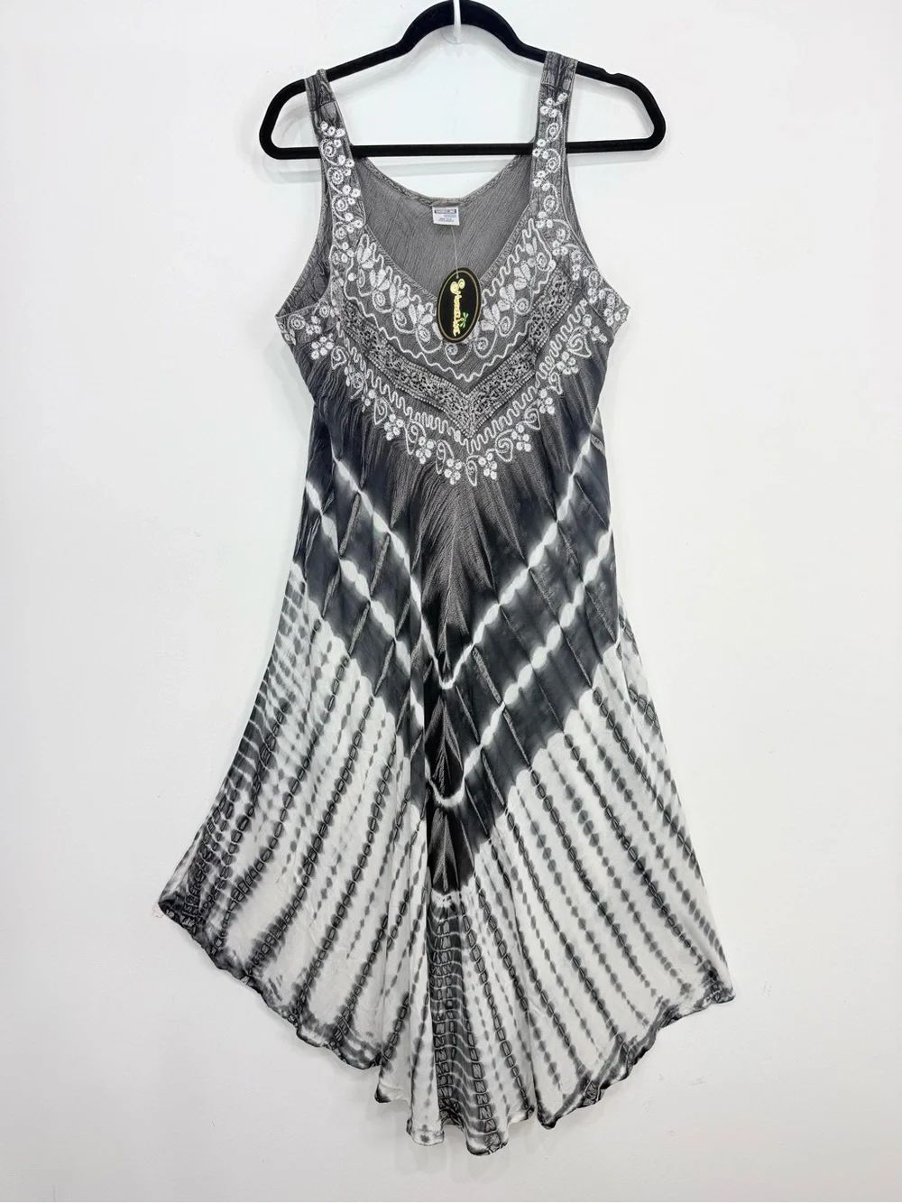 Shoreline Gray White Tie Dye Embroidered Cotton Beach Midi Tank Dress NEW